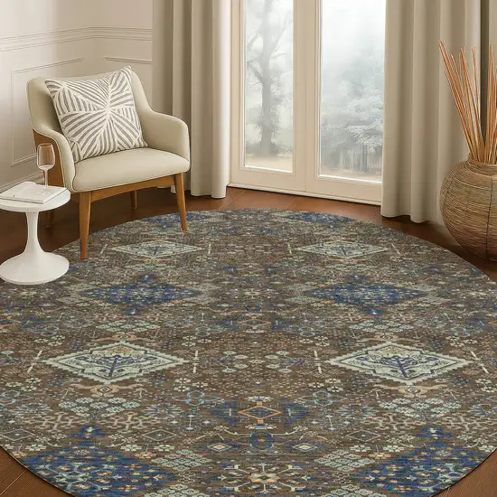 8' Chocolate And Brown Round Geometric Washable Indoor Outdoor Area Rug Photo 5