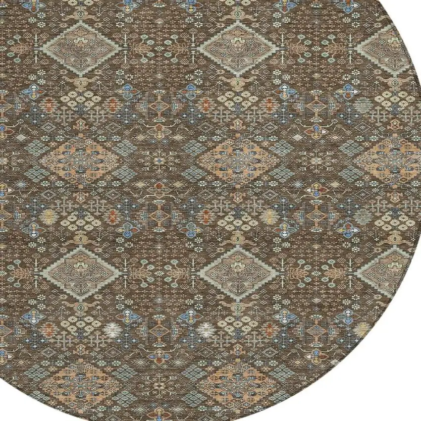 8' Chocolate And Brown Round Geometric Washable Indoor Outdoor Area Rug Photo 2