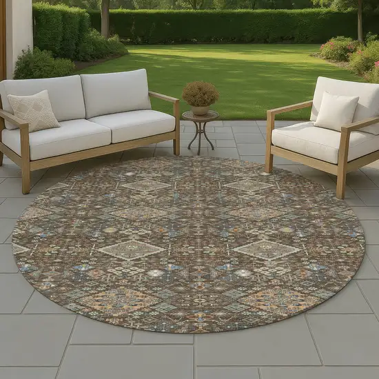 8' Chocolate And Brown Round Geometric Washable Indoor Outdoor Area Rug Photo 4