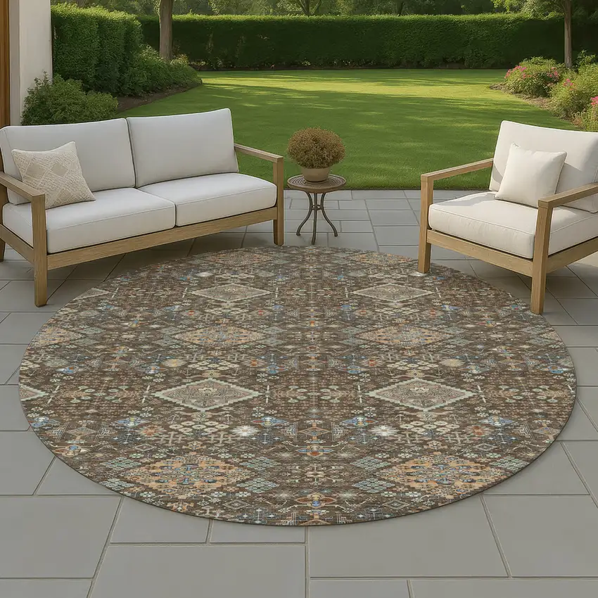 8' Chocolate And Brown Round Geometric Washable Indoor Outdoor Area Rug Photo 4