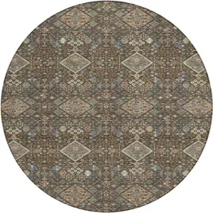 Photo of 8' Chocolate And Brown Round Geometric Washable Indoor Outdoor Area Rug