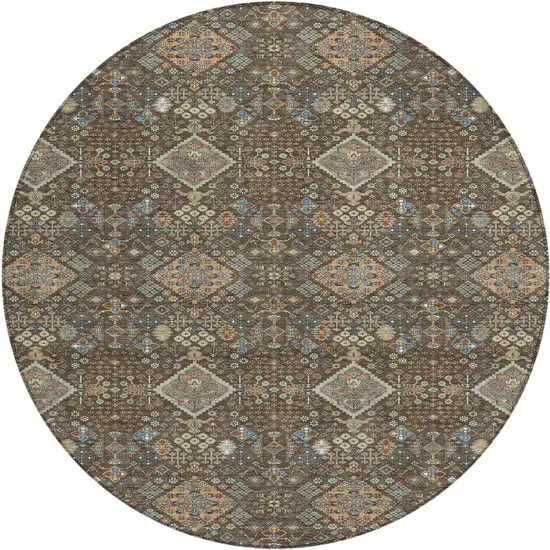 8' Chocolate And Brown Round Geometric Washable Indoor Outdoor Area Rug Photo 1