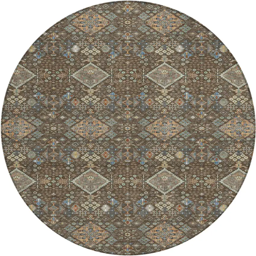 8' Chocolate And Brown Round Geometric Washable Indoor Outdoor Area Rug Photo 1