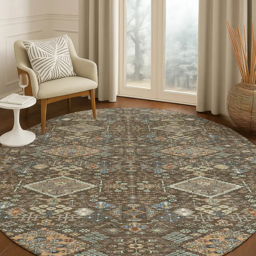 8' Chocolate And Brown Round Geometric Washable Indoor Outdoor Area Rug Photo 5