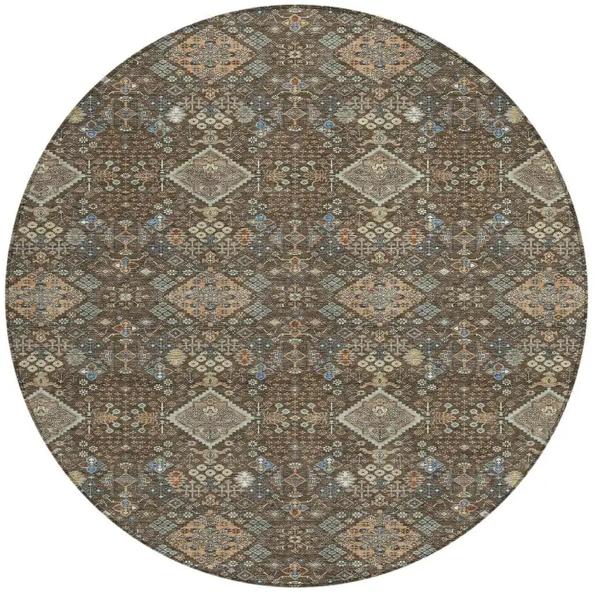 8' Chocolate And Brown Round Geometric Washable Indoor Outdoor Area Rug Photo 3