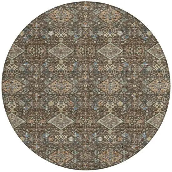 8' Chocolate And Brown Round Geometric Washable Indoor Outdoor Area Rug Photo 3