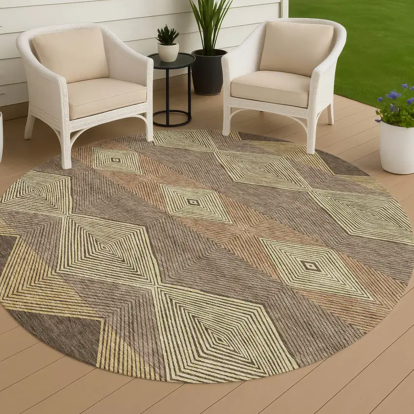 8' Chocolate And Brown Round Geometric Washable Indoor Outdoor Area Rug Photo 3