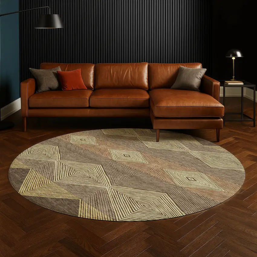 8' Chocolate And Brown Round Geometric Washable Indoor Outdoor Area Rug Photo 4