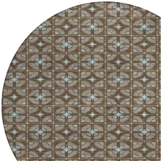 8' Chocolate And Brown Round Geometric Washable Indoor Outdoor Area Rug Photo 3