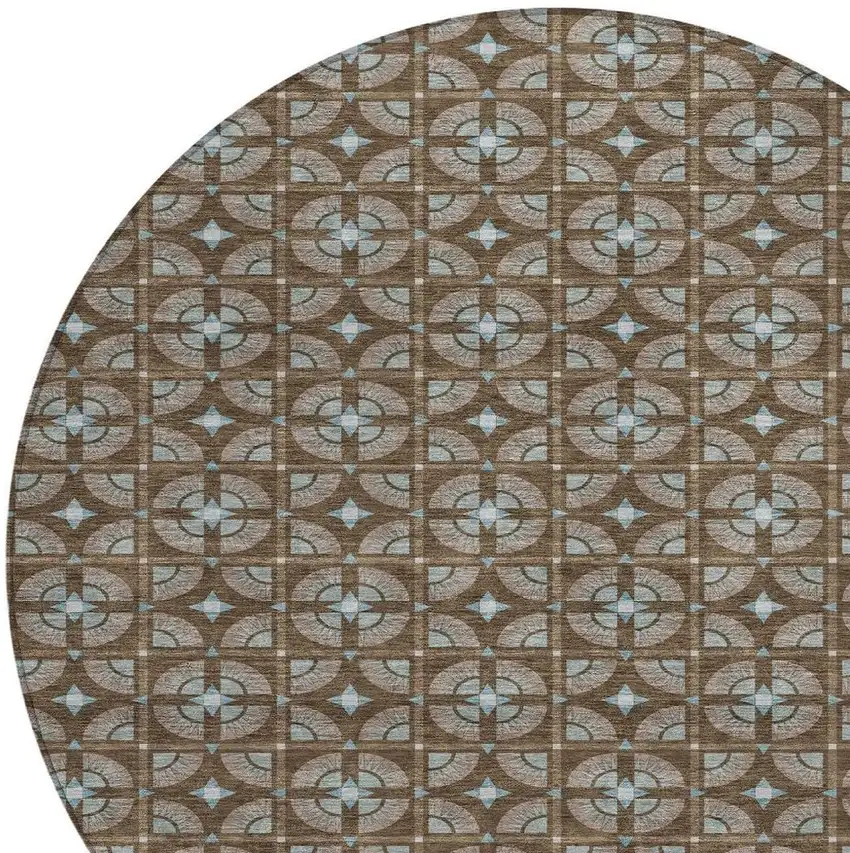 8' Chocolate And Brown Round Geometric Washable Indoor Outdoor Area Rug Photo 3