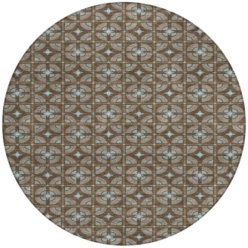 8' Chocolate And Brown Round Geometric Washable Indoor Outdoor Area Rug Photo 4
