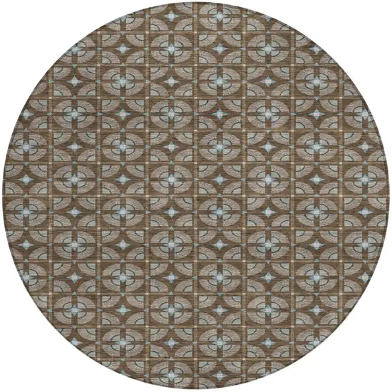 8' Chocolate And Brown Round Geometric Washable Indoor Outdoor Area Rug Photo 2