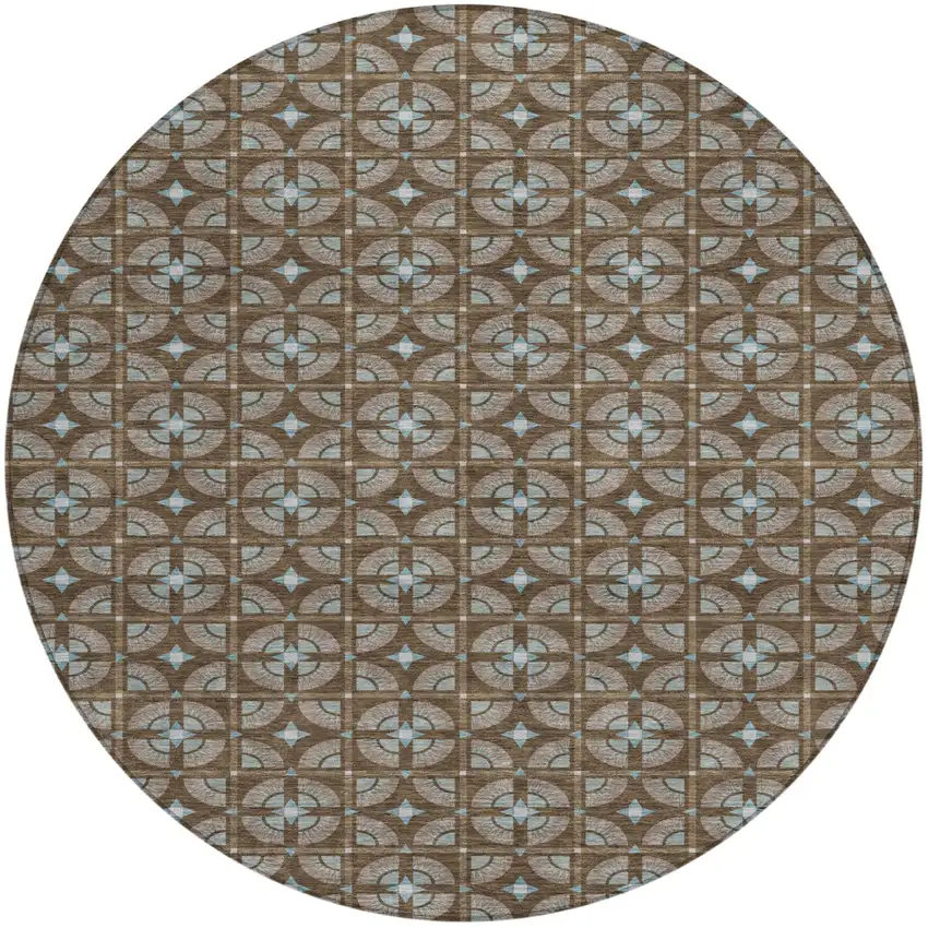 8' Chocolate And Brown Round Geometric Washable Indoor Outdoor Area Rug Photo 2