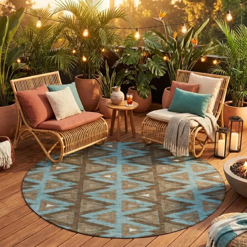 8' Chocolate And Brown Round Geometric Washable Indoor Outdoor Area Rug Photo 1