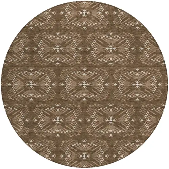 8' Chocolate And Brown Round Geometric Washable Indoor Outdoor Area Rug Photo 2