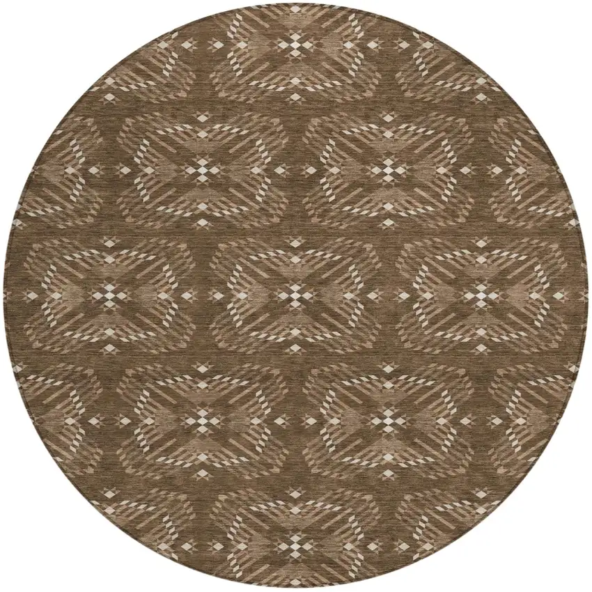 8' Chocolate And Brown Round Geometric Washable Indoor Outdoor Area Rug Photo 2
