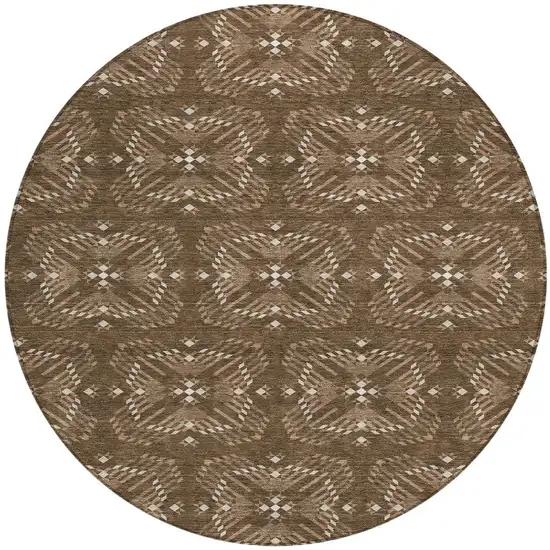 8' Chocolate And Brown Round Geometric Washable Indoor Outdoor Area Rug Photo 4