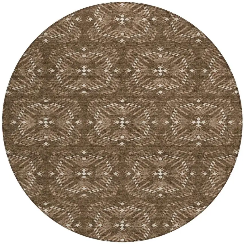 8' Chocolate And Brown Round Geometric Washable Indoor Outdoor Area Rug Photo 4