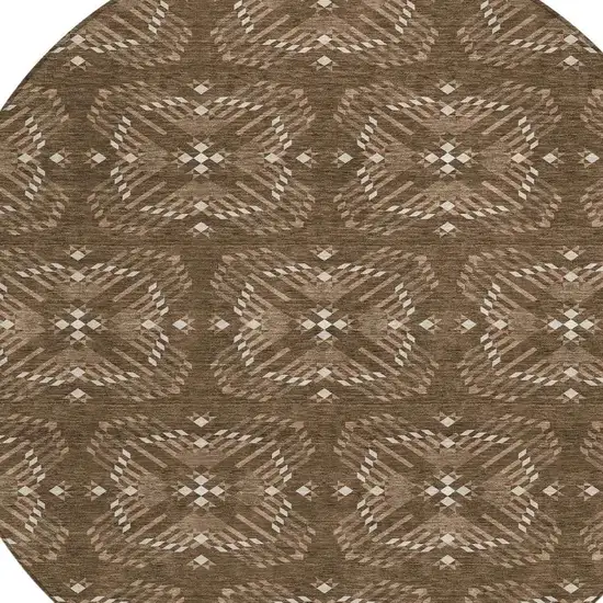 8' Chocolate And Brown Round Geometric Washable Indoor Outdoor Area Rug Photo 3