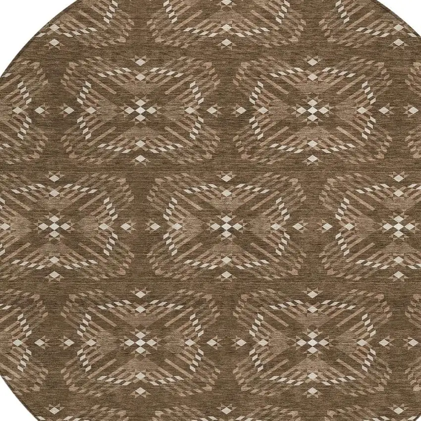 8' Chocolate And Brown Round Geometric Washable Indoor Outdoor Area Rug Photo 3