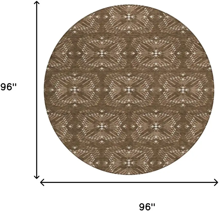 8' Chocolate And Brown Round Geometric Washable Indoor Outdoor Area Rug Photo 7
