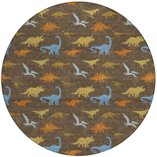 8' Chocolate And Brown Round Geometric Washable Indoor Outdoor Area Rug Photo 1