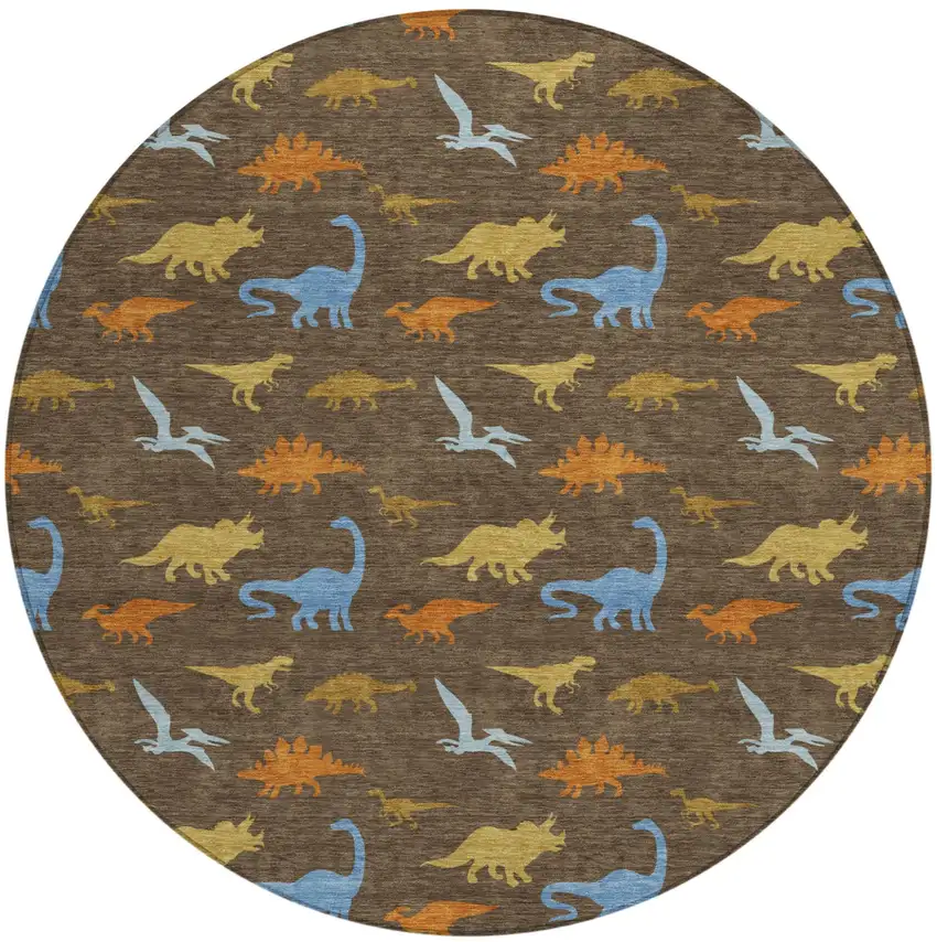8' Chocolate And Brown Round Geometric Washable Indoor Outdoor Area Rug Photo 1
