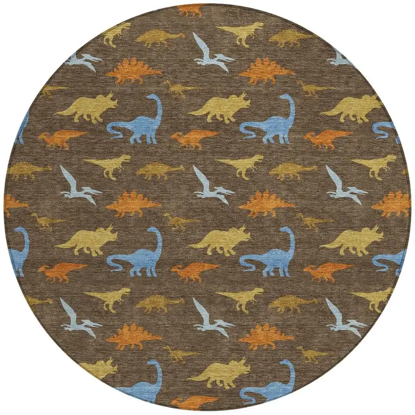 8' Chocolate And Brown Round Geometric Washable Indoor Outdoor Area Rug Photo 2