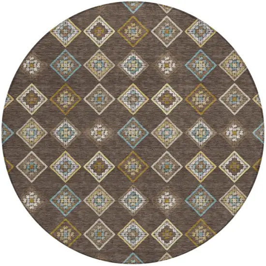 8' Chocolate And Brown Round Geometric Washable Indoor Outdoor Area Rug Photo 1