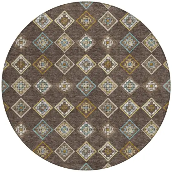 8' Chocolate And Brown Round Geometric Washable Indoor Outdoor Area Rug Photo 3