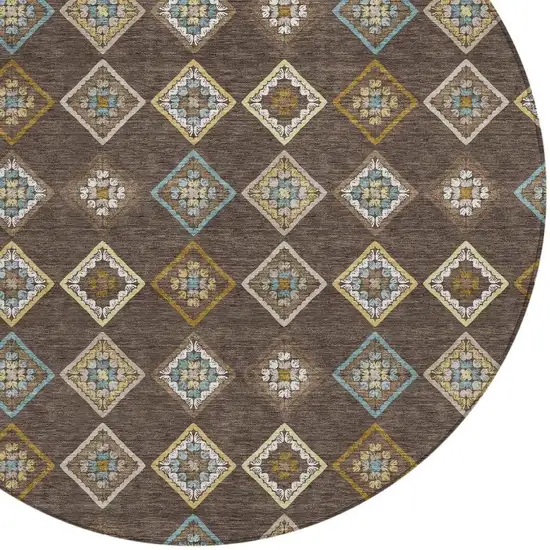 8' Chocolate And Brown Round Geometric Washable Indoor Outdoor Area Rug Photo 2