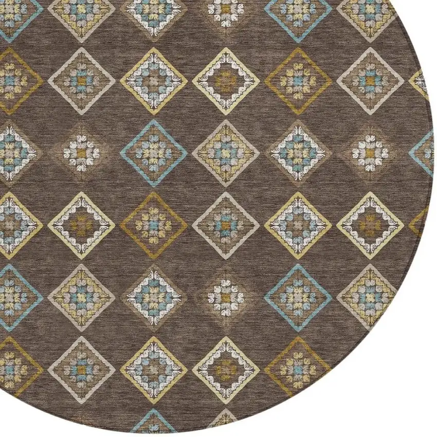 8' Chocolate And Brown Round Geometric Washable Indoor Outdoor Area Rug Photo 2