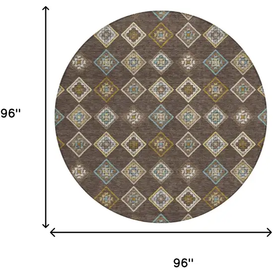 8' Chocolate And Brown Round Geometric Washable Indoor Outdoor Area Rug Photo 5