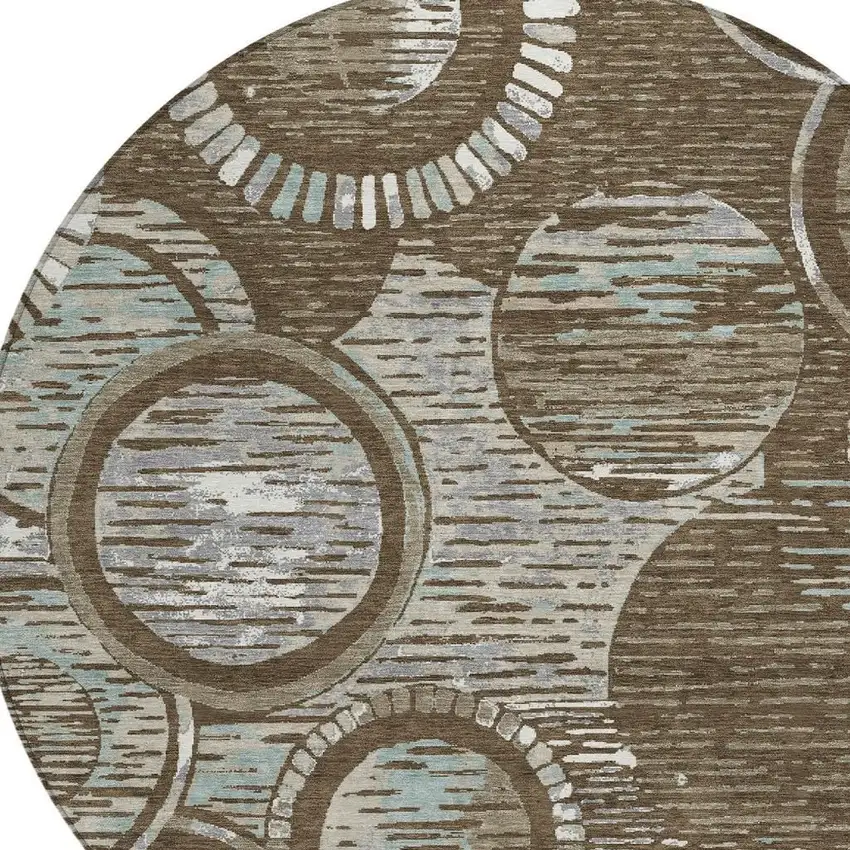 8' Chocolate And Brown Round Geometric Washable Indoor Outdoor Area Rug Photo 2