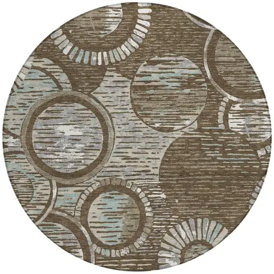 8' Chocolate And Brown Round Geometric Washable Indoor Outdoor Area Rug Photo 3