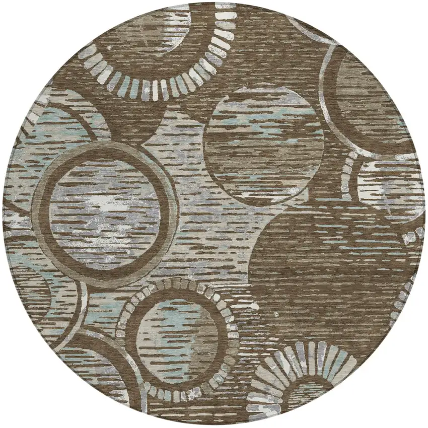 8' Chocolate And Brown Round Geometric Washable Indoor Outdoor Area Rug Photo 1