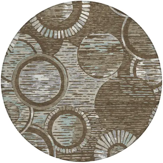 8' Chocolate And Brown Round Geometric Washable Indoor Outdoor Area Rug Photo 1