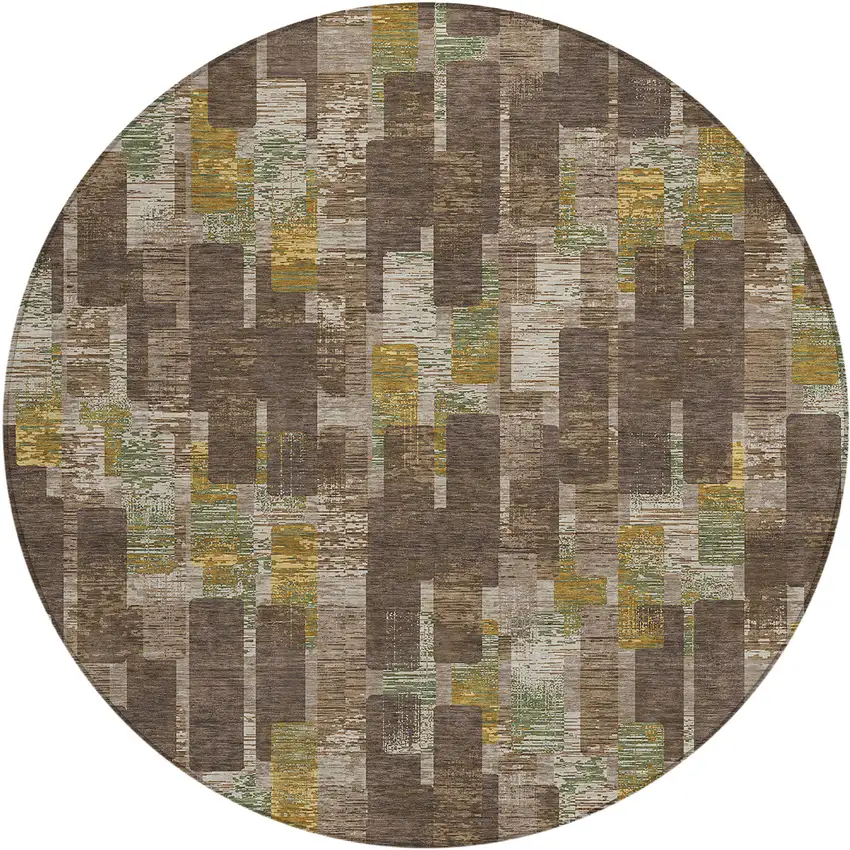 8' Chocolate And Brown Round Geometric Washable Indoor Outdoor Area Rug Photo 2
