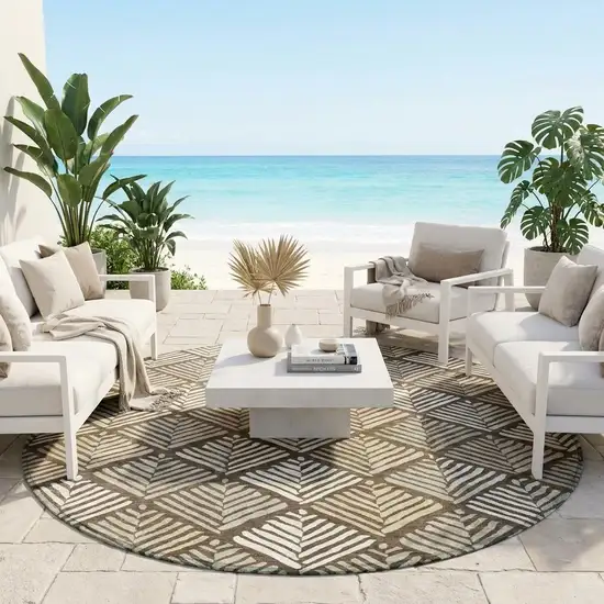 8' Chocolate And Brown Round Geometric Washable Indoor Outdoor Area Rug Photo 1