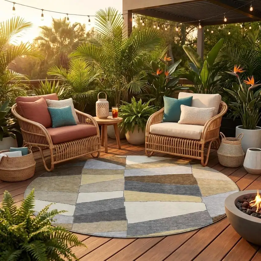 8' Chocolate And Brown Round Geometric Washable Indoor Outdoor Area Rug Photo 1