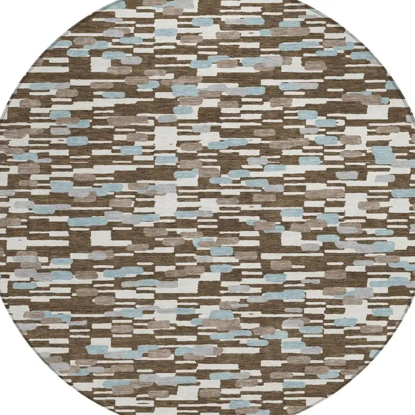 8' Chocolate And Brown Round Geometric Washable Indoor Outdoor Area Rug Photo 3