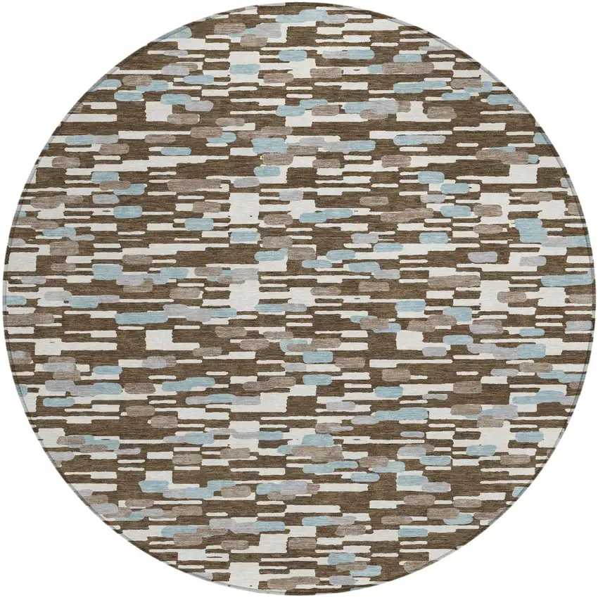 8' Chocolate And Brown Round Geometric Washable Indoor Outdoor Area Rug Photo 1