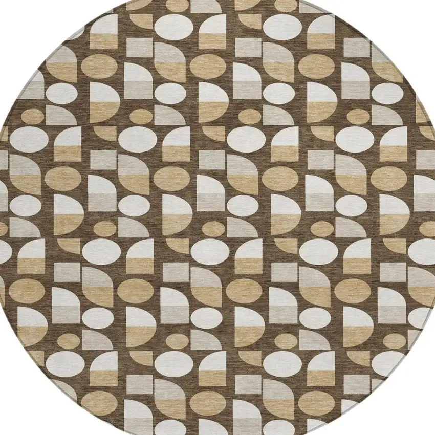 8' Chocolate And Brown Round Geometric Washable Indoor Outdoor Area Rug Photo 2