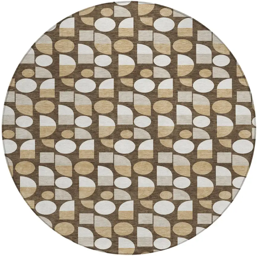 8' Chocolate And Brown Round Geometric Washable Indoor Outdoor Area Rug Photo 1