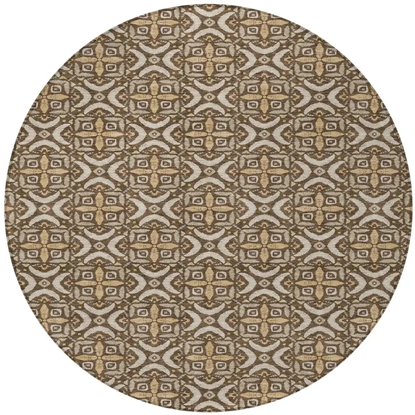 8' Chocolate And Brown Round Geometric Washable Indoor Outdoor Area Rug Photo 3