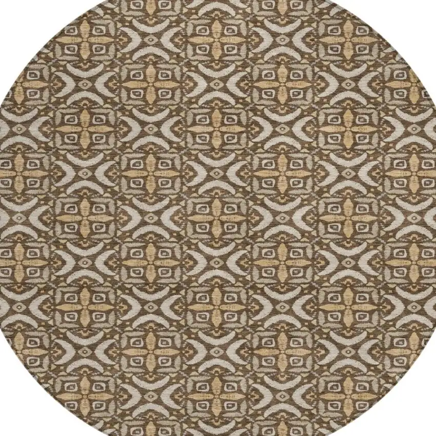 8' Chocolate And Brown Round Geometric Washable Indoor Outdoor Area Rug Photo 1