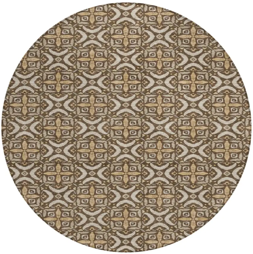 8' Chocolate And Brown Round Geometric Washable Indoor Outdoor Area Rug Photo 2