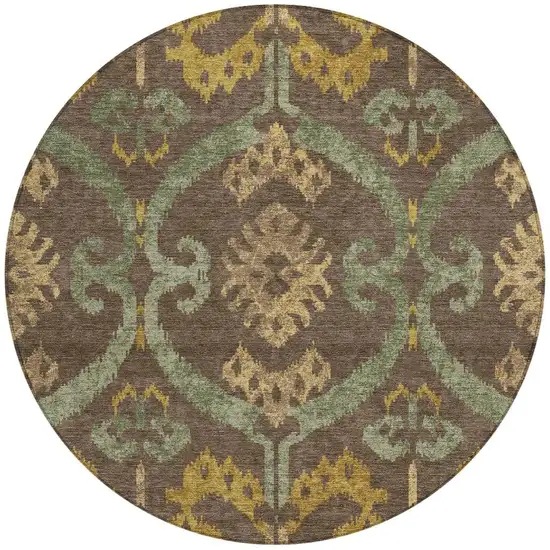 8' Chocolate And Brown Round Ikat Washable Indoor Outdoor Area Rug Photo 3