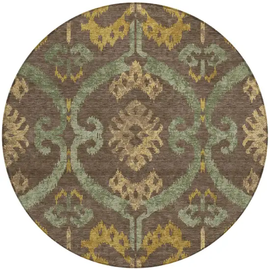 8' Chocolate And Brown Round Ikat Washable Indoor Outdoor Area Rug Photo 1