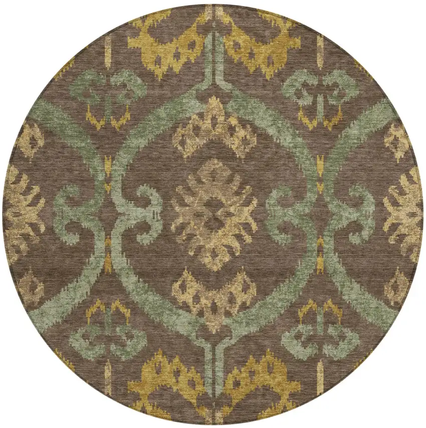 8' Chocolate And Brown Round Ikat Washable Indoor Outdoor Area Rug Photo 1